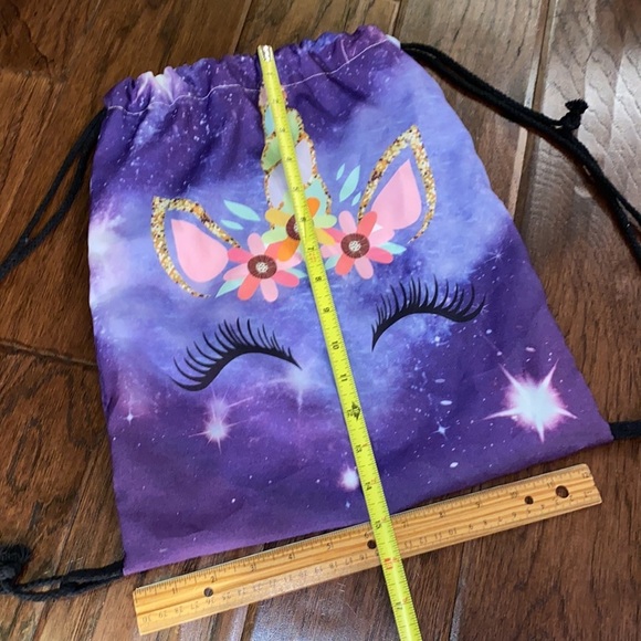 Purple Unicorn 🦄 backpack sack satchel scrunch carry bag black shoulder straps‌ - Picture 3 of 6